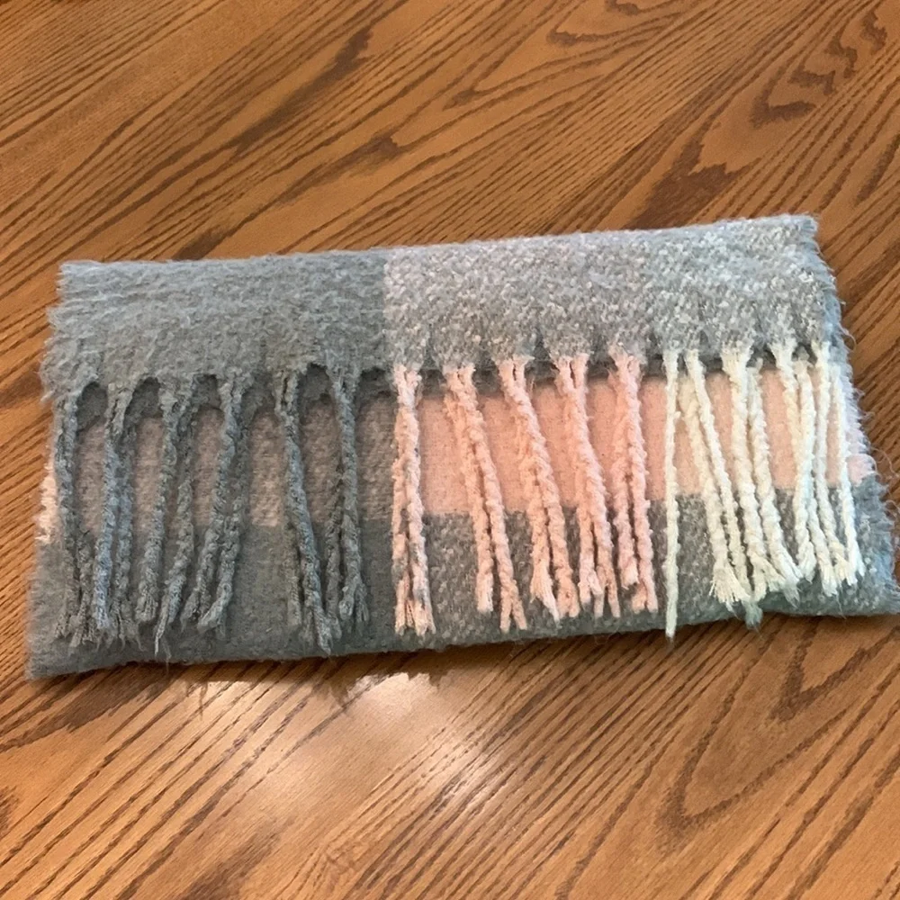 Altered state scarf long large fringe boho warm cozy large plaid blush pink